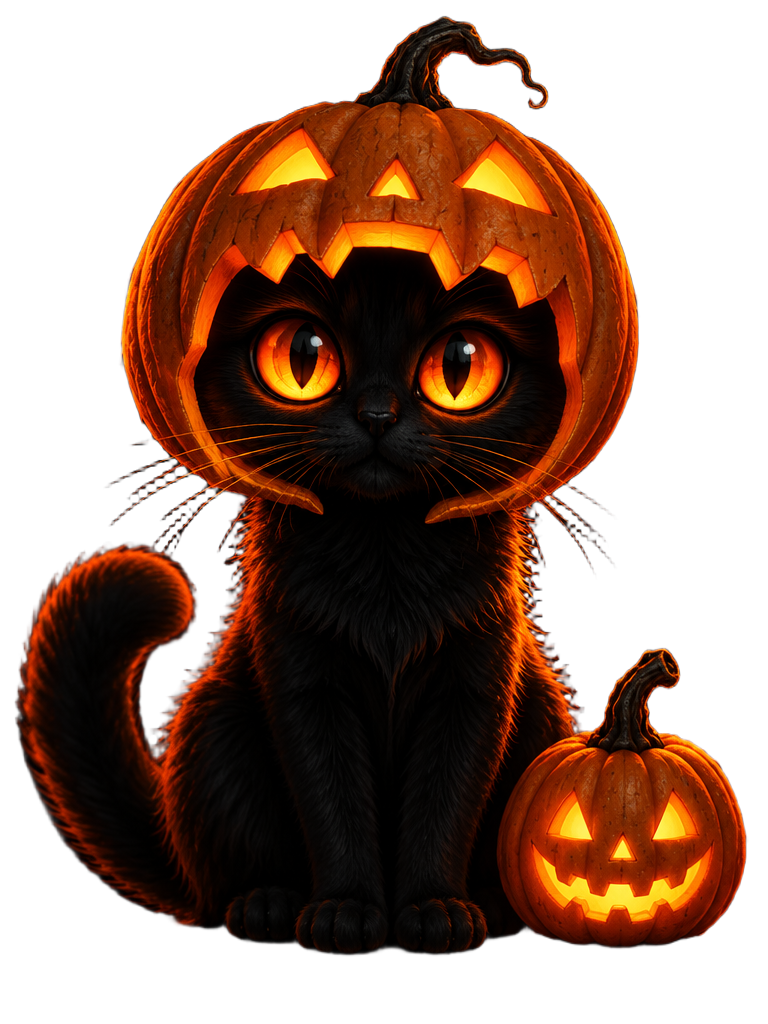 PumpCate — black cat wearing a jack-o-lantern